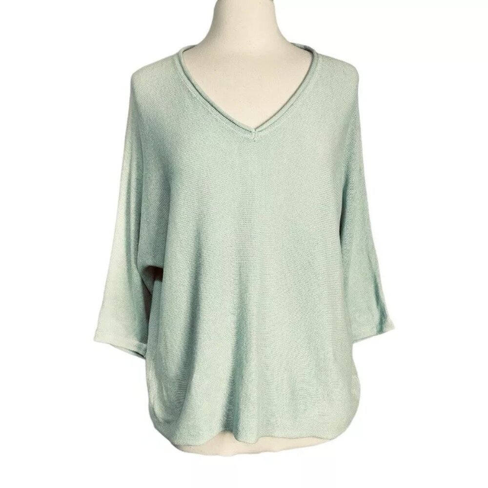 Tahari Linen Blend Sweater M Green Raglan Dolman Sleeve Boxy Summer Light